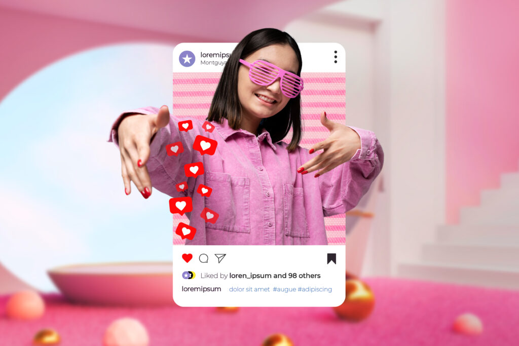Créatrice avec des lunettes de soleil roses et un cadre photo de réseau social